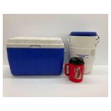 Coleman Cooler, Igloo Water Jug, and Coca-Cola Mug