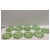 Nine Green Depression Uranium Glass Divided Plates