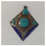 Tibetan Silver Turquoise and Coral Pendant