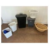 Wastebaskets, Laundry Basket, and Two Trash Cans