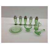 Green Depression Uranium Glass Group Including Salt and Pepper Shakers