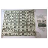 Uncut Sheet of 32 Two Dollar Bills with Informational Card