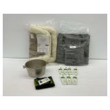 Amazon Basics Pet Bed, Gray Tote Bag with Accessories, Belly Band, Seven Clean Well Botanical Hand Sanitizers, and Metal Bucket