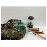 Fishing Gear Group with Lantern and Wooden Rod Rack