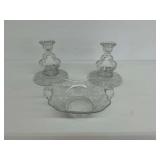 Cambridge Rose Point Glass Items: Two Candlestick Holders and One Bowl