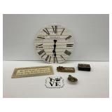 Home Decor Items Including a Distressed Wooden Clock (battery operated), Inspirational Plaques, and More