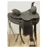 Western Leather Saddle with Floral Tooling and Stand