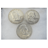 Three Franklin Half Dollars Including 1954 and 1963
