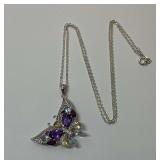 Sterling Silver Amethyst, Garnet, Citrine, Blue & White Topaz Gemstone 1.5 in. Butterfly Pendant on 18 in. Necklace