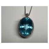 Sterling Silver, Massive 22 Carat Blue Topaz Gemstone Pendant on 18 in. Boxlink Necklace