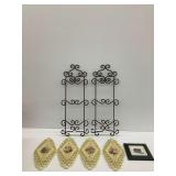 Two Wrought Iron Wall Racks and Decorative Wall Plaques