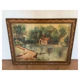 Oil Painting on Canvas Featuring a River Landscape with a Cottage