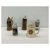 Four Beer Steins and Beer Mug