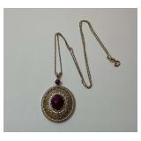 Gold Wash Sterling Silver and Natural Ruby 1.625 in. Pendant on 18 in. Gold Wash Sterling Necklace