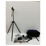 Photography Equipment Group with Tripod and Camera Bag