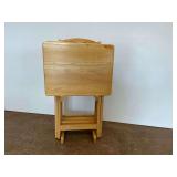 Four Wooden Folding Snack Tables with Storage Stand