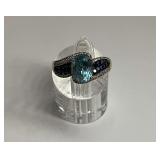 Gold Wash Sterling Silver Oval Blue Topaz, Multi Blue and White Sapphire Gemstone Ring...Size 10.5