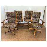 Four Wooden Swivel Chairs with Cigar Label Pattern Upholstery...see description