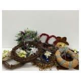Various Seasonal Decorative Wreaths and Scarecrow Wall Hanging