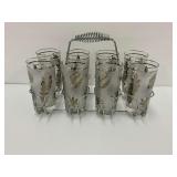 MCM Libbey Frosted Gold Leaf Glass Tumblers and Atomic Silver Caddy