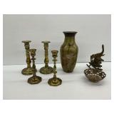 Brass Candlesticks, Vase, Bowl and Elephant Figurine