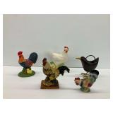 Ceramic and Metal Chicken and Rooster Figurines