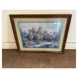 Framed Lee K. Parkinson Print of Mountain Landscape with Cabin