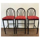 (3) Wrought Iron Bar Stools with Red Swirl Upholstered Seats