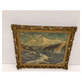Framed Mountain Landscape Artwork with Ornate Gold Frame