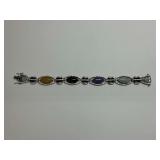 Sterling Silver 7.5 in. Bracelet with Four Color Jade, Enamel, Multi CZ Gems, Weighs .915 Troy Oz.