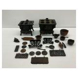 (2) Cast Iron Toy Stoves and Miniature Cookware Pieces