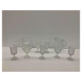 (2) Clear Glass Pitchers and (7) Goblets with Diamond Cut Pattern