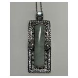 Sterling Silver Green Jade Multi Baguette and Round CZ Gem 1.875 in. Pendant, 18 in. Necklace