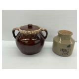 (2) Ceramic Jars Including Moira Honey Pot and Brown Drip Glaze Double Handle Crock