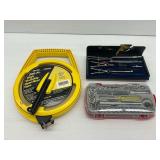 Sears Open Reel Tape Measure, Post Drafting Compass Set, and Socket Wrench Set