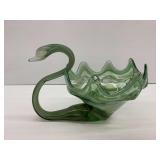 Art Glass Swan Bowl in Green Swirl
