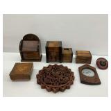 Wooden Decor Items with Carved Owl Box and Floral Trivet