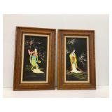 (2) Framed Asian Figural Wall Art Panels with Fabric Backgrounds