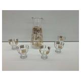 MCM Glass Pitcher and Footed Tumbler Set with Gold Geometric Print