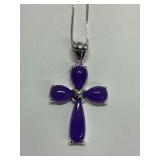 Sterling Silver Multi Lavender Jade 1.625 in. Cross Pendant, 18 in. Box Link Necklace