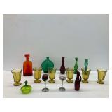 Colored Glassware with Decanters and Stemware