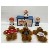 Raggedy Ann and Andy Figurines with ALF Plush Toys and Miniature Stake Bed Wagon