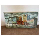Large Oil Painting on Canvas Depicting Street Scene with Windmill