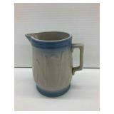 Stoneware Pitcher with Blue Bands and Embossed Cattail Motifs