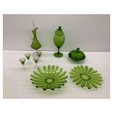 Green Glass Tableware with Decanter, Stemware, Bowls, and Covered Jar