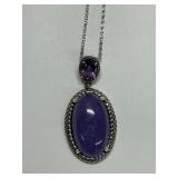 Sterling Silver Cabochon Lavender Jade and Amethyst Gem 1.5 in. Pendant, 18 in. Sterling Necklace