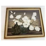 Framed Floral Print with Asian Figurine