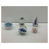 (5) Art Glass Paperweights with Floral and Abstract Motifs