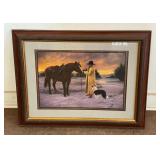 Framed Penny Scroggins "Daybreak" Western Print of Cowboy with Horse and Dog