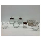 Glass Jars with Wooden Lids and Wire Basket